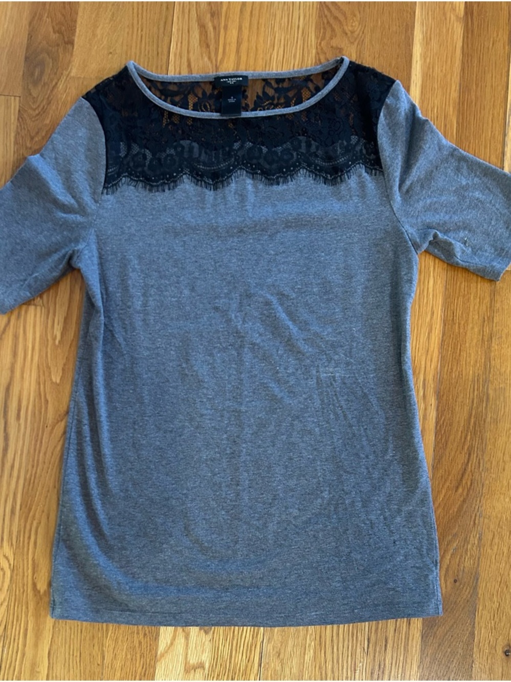 Ann Taylor Gray Top with Black Lace Yoke